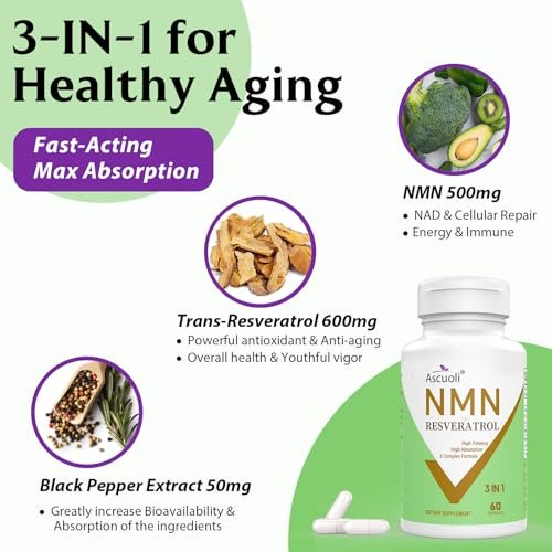 Ascuoli NMN 500mg + Trans-Resveratrol 600mg - 1150mg 3-in-1 Formel mit 99% Ultra-Purity, 60 Kapseln für NAD+, Zellen, Immunsystem, Energie & Muskeln, Gesunde Alterung