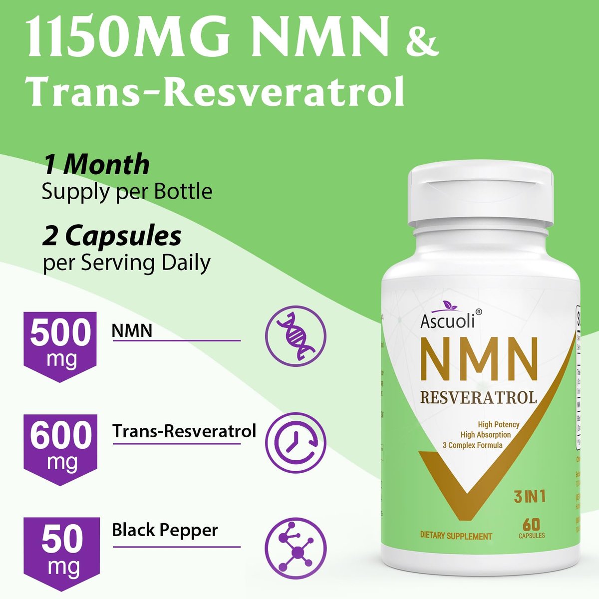 Ascuoli NMN 500mg + Trans-Resveratrol 600mg - 1150mg 3-in-1 Formel mit 99% Ultra-Purity, 60 Kapseln für NAD+, Zellen, Immunsystem, Energie & Muskeln, Gesunde Alterung