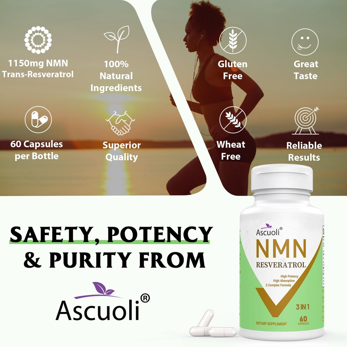 Ascuoli NMN 500mg + Trans-Resveratrol 600mg - 1150mg 3-in-1 Formel mit 99% Ultra-Purity, 60 Kapseln für NAD+, Zellen, Immunsystem, Energie & Muskeln, Gesunde Alterung