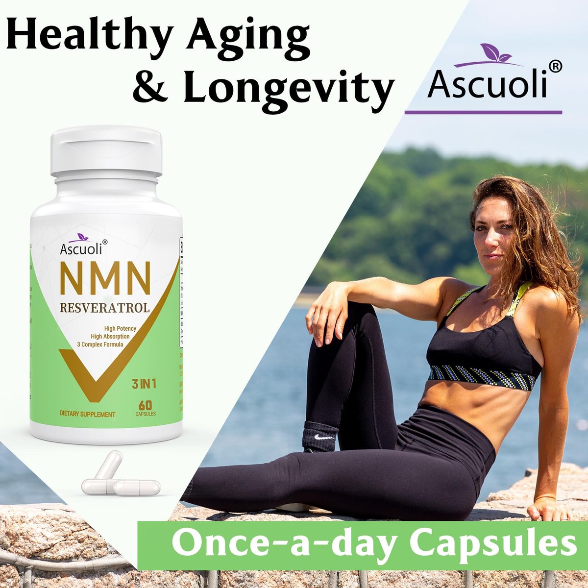 Ascuoli NMN 500mg + Trans-Resveratrol 600mg - 1150mg 3-in-1 Formel mit 99% Ultra-Purity, 60 Kapseln für NAD+, Zellen, Immunsystem, Energie & Muskeln, Gesunde Alterung