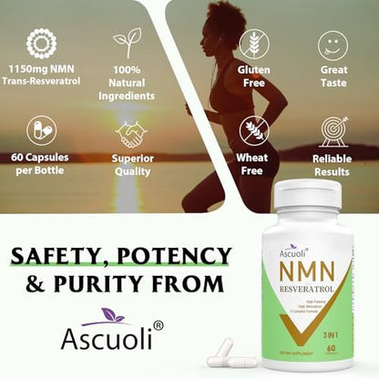 Ascuoli NMN 500mg + Trans-Resveratrol 600mg - 1150mg 3-in-1 Formel mit 99% Ultra-Purity, 60 Kapseln für NAD+, Zellen, Immunsystem, Energie & Muskeln, Gesunde Alterung