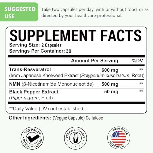 Ascuoli NMN 500mg + Trans-Resveratrol 600mg - 1150mg 3-in-1 Formel mit 99% Ultra-Purity, 60 Kapseln für NAD+, Zellen, Immunsystem, Energie & Muskeln, Gesunde Alterung