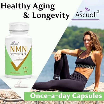 Ascuoli NMN 500mg + Trans-Resveratrol 600mg - 1150mg 3-in-1 Formel mit 99% Ultra-Purity, 60 Kapseln für NAD+, Zellen, Immunsystem, Energie & Muskeln, Gesunde Alterung