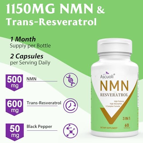 Ascuoli NMN 500mg + Trans-Resveratrol 600mg - 1150mg 3-in-1 Formel mit 99% Ultra-Purity, 60 Kapseln für NAD+, Zellen, Immunsystem, Energie & Muskeln, Gesunde Alterung