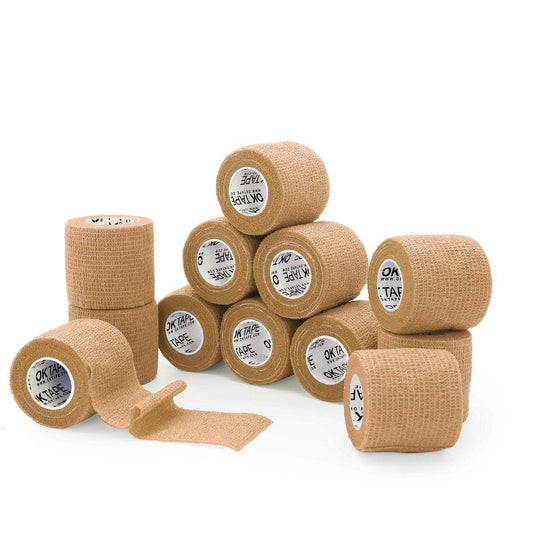 OK TAPE Selbstklebende Kohesivbinden 12er-Pack, 5 cm x 4,6 m, Nicht gewebte selbsthaftende Sportbandage, Veterinärbandage, für Daumen, Finger, Handgelenk, Knöchel (Beige)