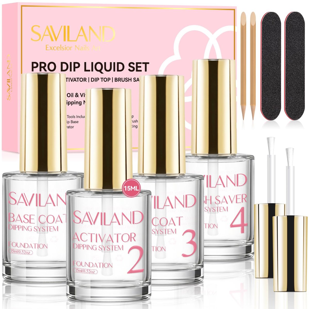 SAVILAND Dip Powder Liquid Set 15 ml/0,5 oz - 10-teiliges Nagel-Dip-Liquid-Set mit HEMA-freiem Base-/Top-Coat, Aktivator, Pinselreiniger, Acryl-Gel-Nagelfeile - Keine Aushärtung nötig, DIY-Heimsalon-Qualität