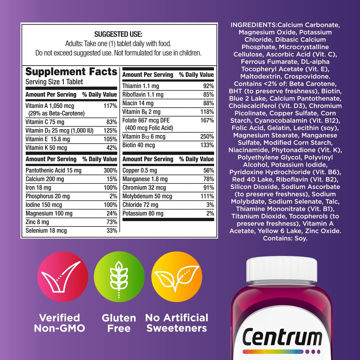 Centrum Multivitamin für Frauen – Multivitamin-/Mineralstoffpräparat mit Eisen, Vitamin D3, B-Vitaminen und Antioxidantien Vitamin C und E, glutenfrei, ohne Gentechnik – 65 Tabletten
