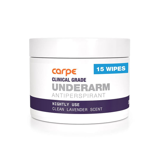 Carpe Clinical Grade Underarm Wipes – Neue, unübertroffene Antitranspirant-Tücher zur Achselschweiß-Prävention. Bekämpfen Sie Schweiß, blockieren Sie übermäßiges Schwitzen und helfen Sie, Hyperhidrose zu kontrollieren. 15 Anti-Schweiß-Tücher.