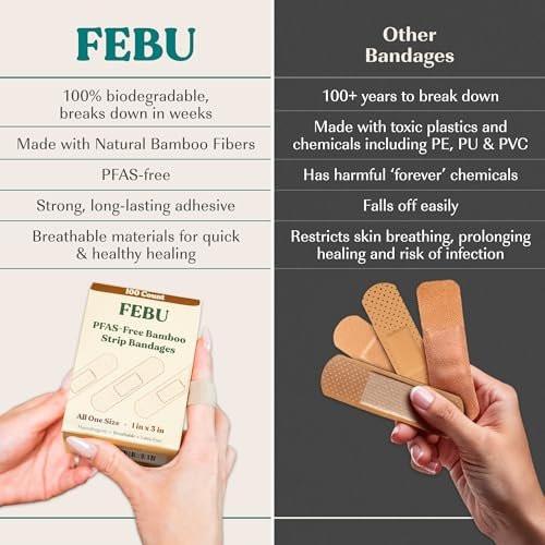 FEBU Ökologische Bambus-Bandagen | PFAS-freie Pflaster für Schrammen & Schnitte | Flexible Stoffpflaster | Vollständig kompostierbar, latexfrei | 50 Stück Spot