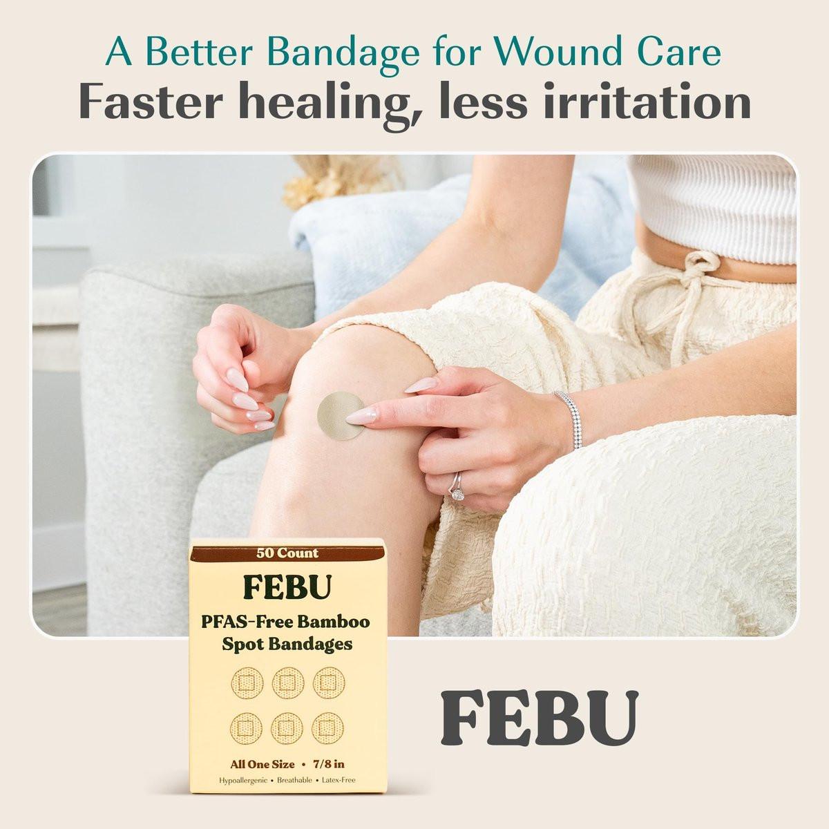 FEBU Ökologische Bambus-Bandagen | PFAS-freie Pflaster für Schrammen & Schnitte | Flexible Stoffpflaster | Vollständig kompostierbar, latexfrei | 50 Stück Spot