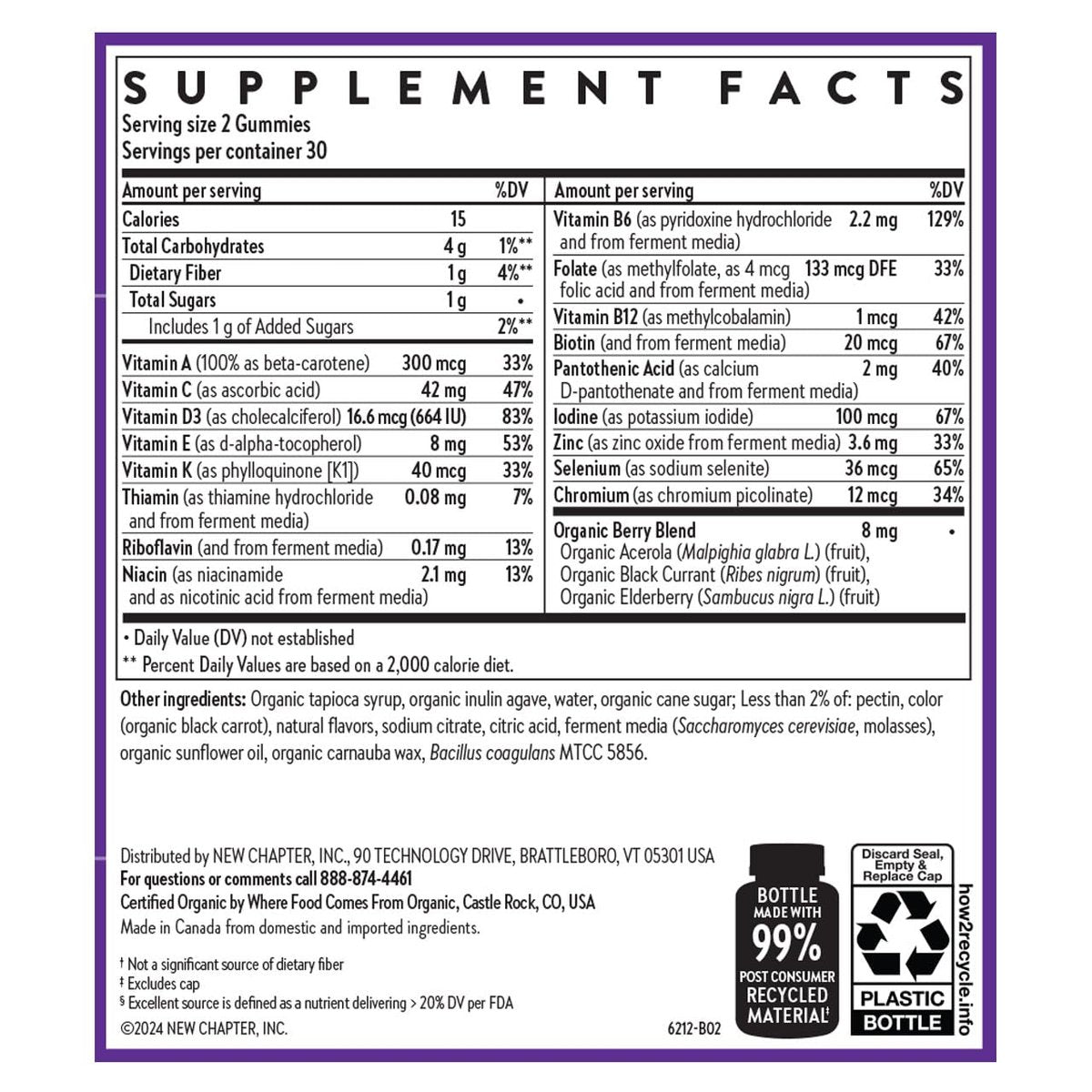 New Chapter Kinder-Multivitamin Gummibärchen - 65% weniger Zucker, mit Vitamin C, D3 & Zink, Nicht-GVO, Glutenfrei, Beeren-Zitrus, 60 Stück