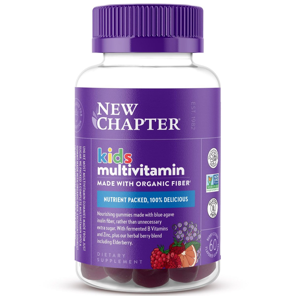New Chapter Kinder-Multivitamin Gummibärchen - 65% weniger Zucker, mit Vitamin C, D3 & Zink, Nicht-GVO, Glutenfrei, Beeren-Zitrus, 60 Stück