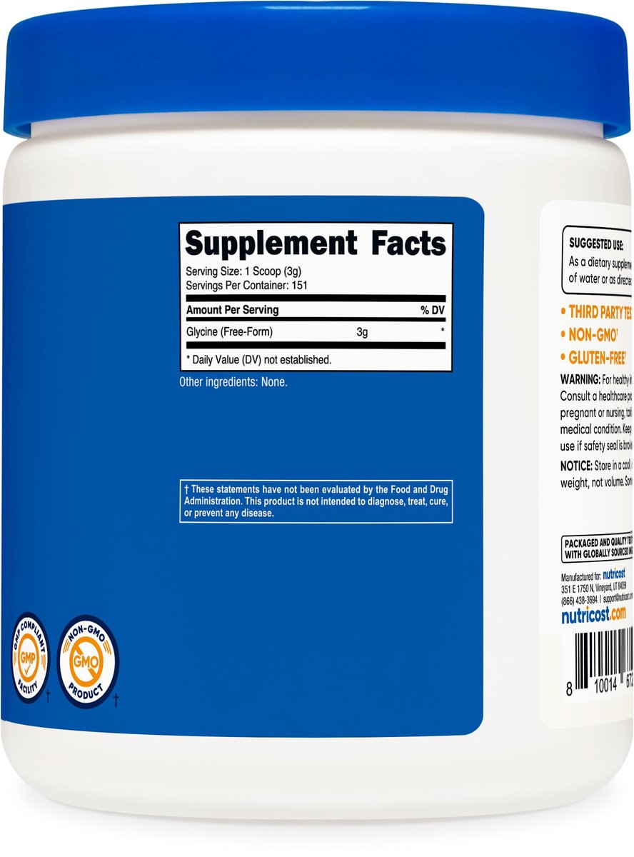 Nutricost Glycin-Pulver 1lb – Nicht-GVO, glutenfrei, reines Aminosäurepulver