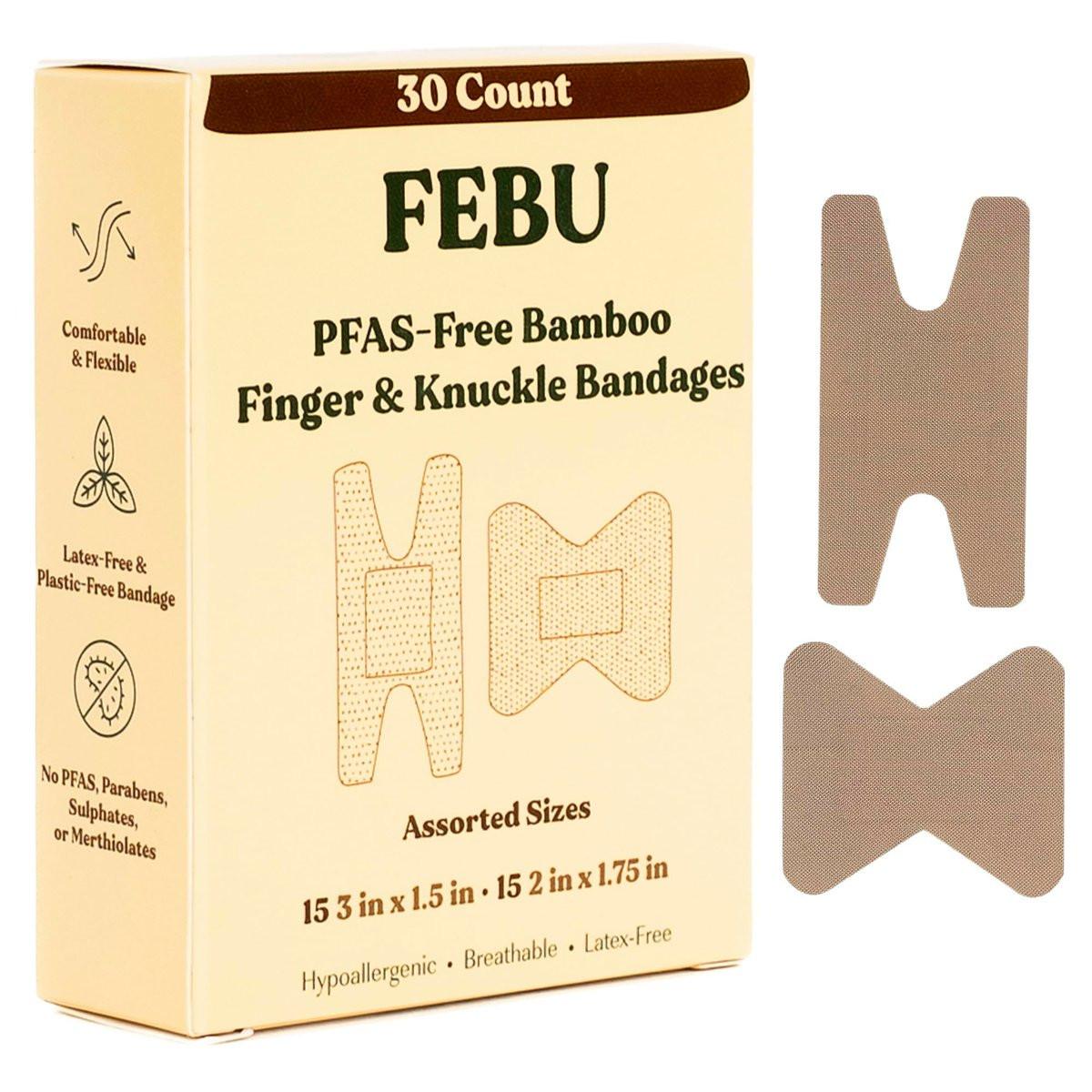 FEBU Eco-freundliche Bambus-Fingerspitzenpflaster | PFAS-freie Fingerpflaster für Erste Hilfe | Flexibler Stoff-Wundverband | Vollständig kompostierbar, Latexfrei | 30 Stück Finger- & Knöchelpflaster