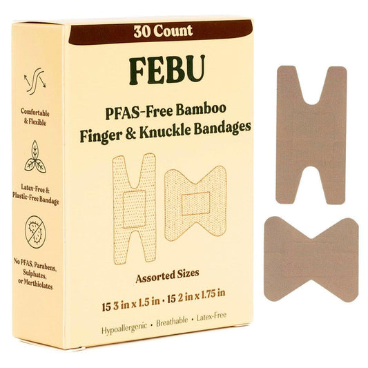 FEBU Eco-freundliche Bambus-Fingerspitzenpflaster | PFAS-freie Fingerpflaster für Erste Hilfe | Flexibler Stoff-Wundverband | Vollständig kompostierbar, Latexfrei | 30 Stück Finger- & Knöchelpflaster