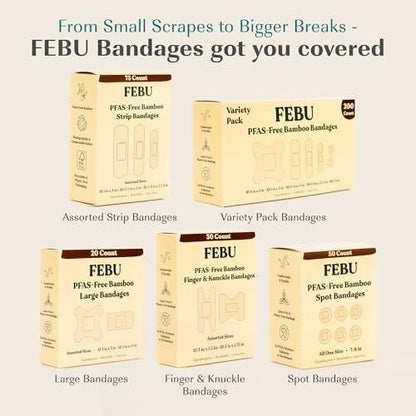 FEBU Eco-freundliche Bambus-Fingerspitzenpflaster | PFAS-freie Fingerpflaster für Erste Hilfe | Flexibler Stoff-Wundverband | Vollständig kompostierbar, Latexfrei | 30 Stück Finger- & Knöchelpflaster
