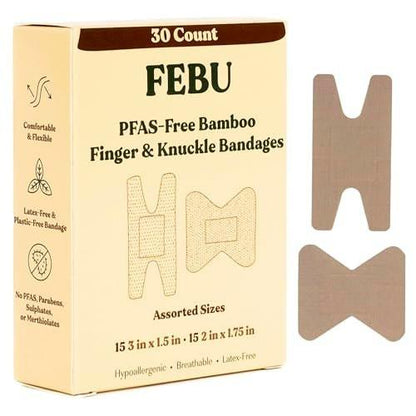 FEBU Eco-freundliche Bambus-Fingerspitzenpflaster | PFAS-freie Fingerpflaster für Erste Hilfe | Flexibler Stoff-Wundverband | Vollständig kompostierbar, Latexfrei | 30 Stück Finger- & Knöchelpflaster
