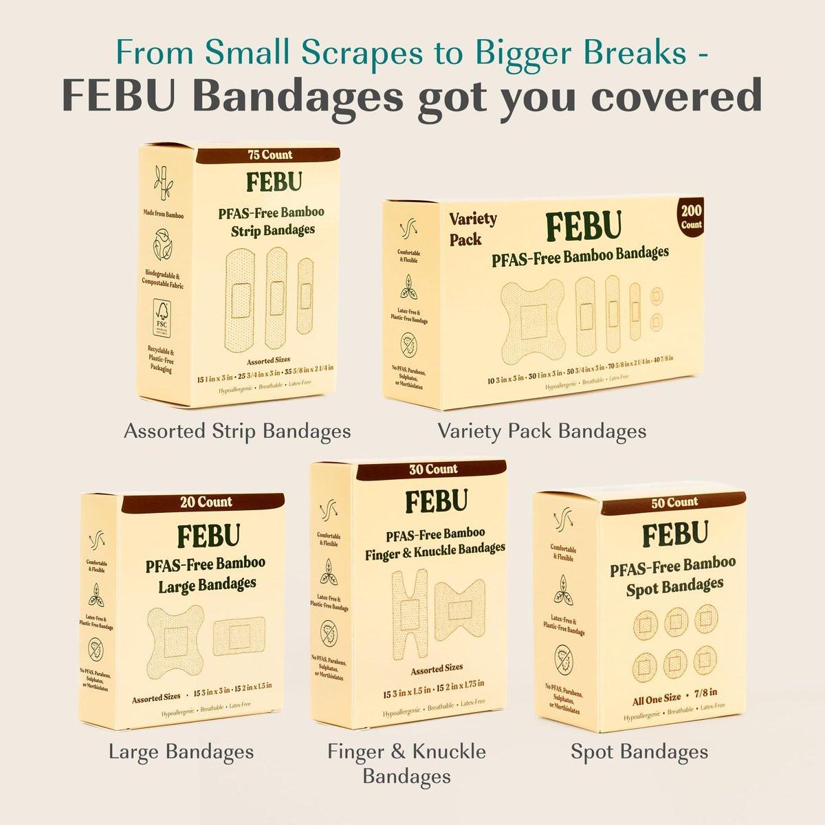 FEBU Eco-freundliche Bambus-Fingerspitzenpflaster | PFAS-freie Fingerpflaster für Erste Hilfe | Flexibler Stoff-Wundverband | Vollständig kompostierbar, Latexfrei | 30 Stück Finger- & Knöchelpflaster