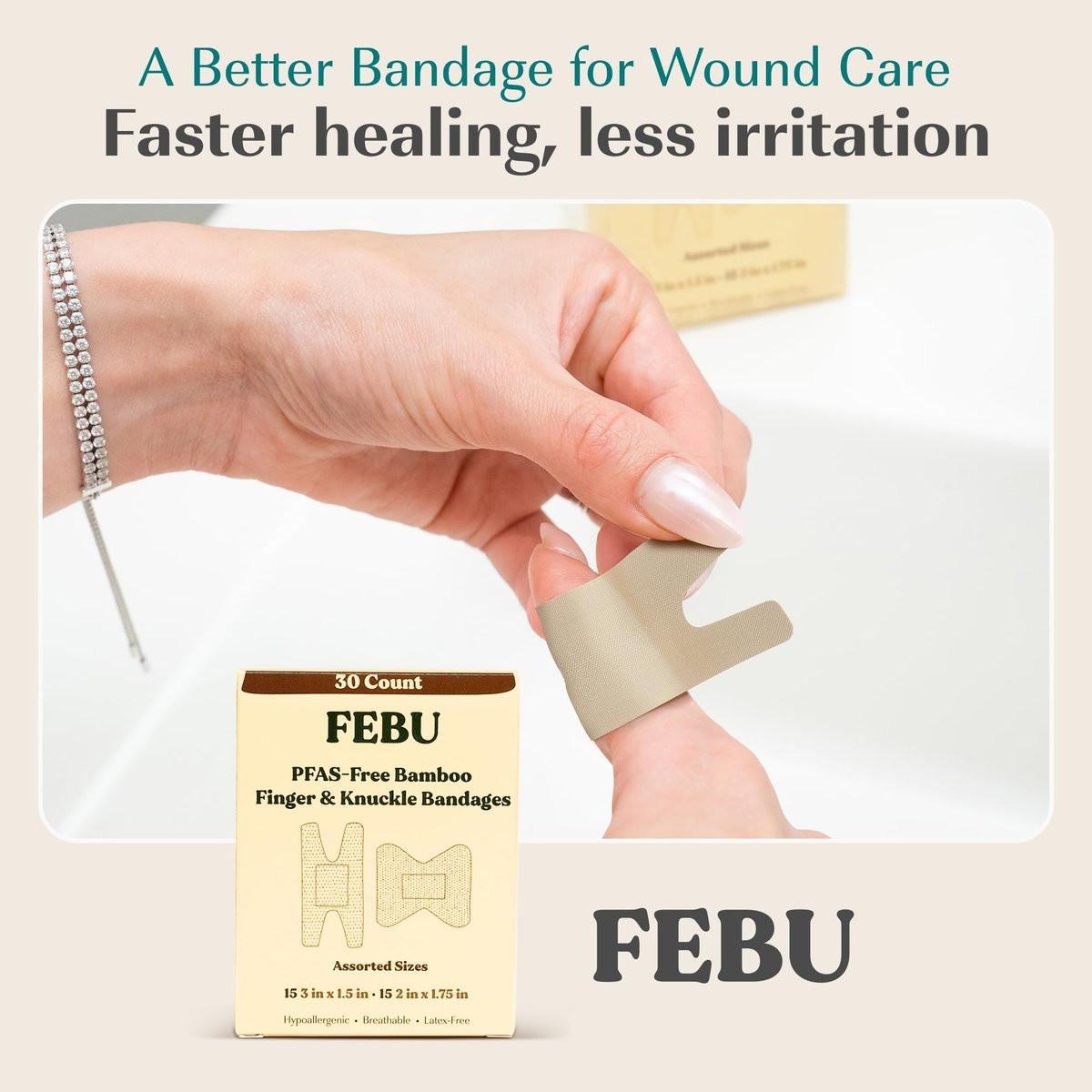 FEBU Eco-freundliche Bambus-Fingerspitzenpflaster | PFAS-freie Fingerpflaster für Erste Hilfe | Flexibler Stoff-Wundverband | Vollständig kompostierbar, Latexfrei | 30 Stück Finger- & Knöchelpflaster