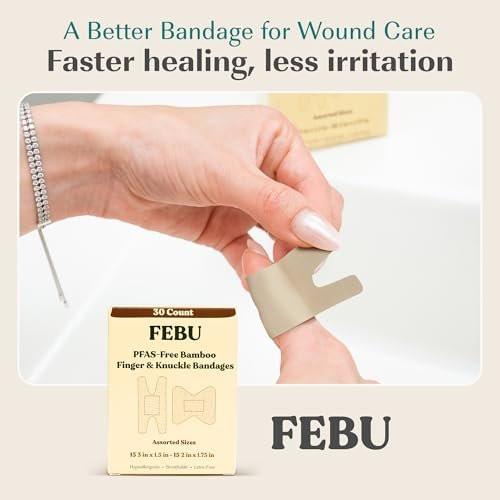 FEBU Eco-freundliche Bambus-Fingerspitzenpflaster | PFAS-freie Fingerpflaster für Erste Hilfe | Flexibler Stoff-Wundverband | Vollständig kompostierbar, Latexfrei | 30 Stück Finger- & Knöchelpflaster