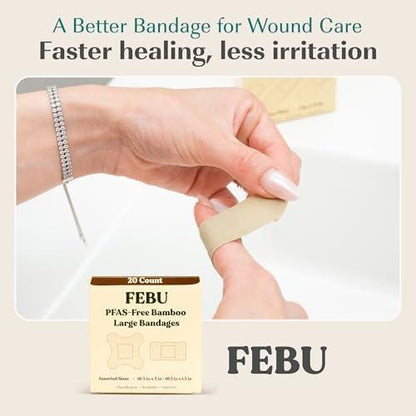 FEBU Ökologische Große Bambus-Bandagen | PFAS-freie Pflaster für Schürfwunden & Schnitte | Flexibler Stoffverband | Vollständig kompostierbar, Latexfrei | 20 Stück Groß