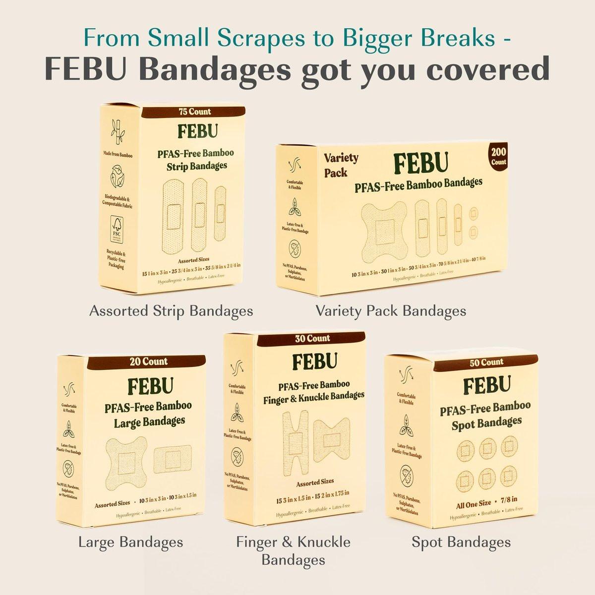 FEBU Ökologische Große Bambus-Bandagen | PFAS-freie Pflaster für Schürfwunden & Schnitte | Flexibler Stoffverband | Vollständig kompostierbar, Latexfrei | 20 Stück Groß
