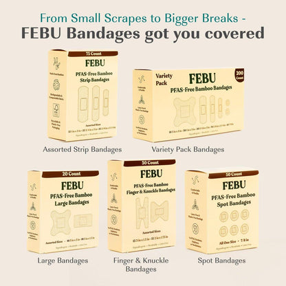 FEBU Ökologische Große Bambus-Bandagen | PFAS-freie Pflaster für Schürfwunden & Schnitte | Flexibler Stoffverband | Vollständig kompostierbar, Latexfrei | 20 Stück Groß
