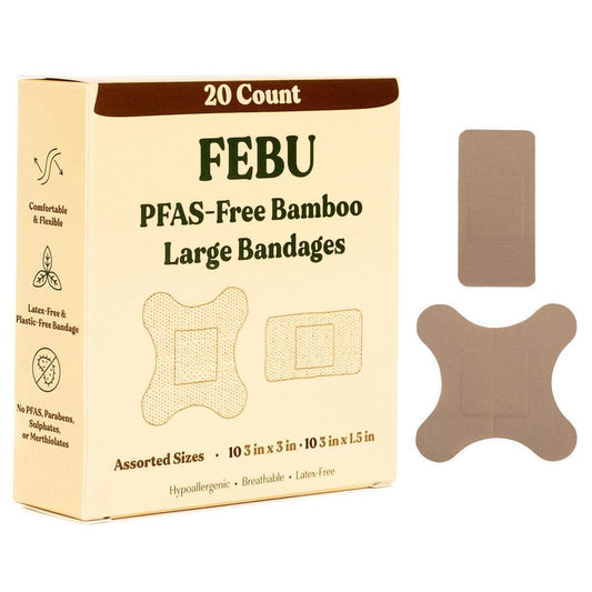 FEBU Ökologische Große Bambus-Bandagen | PFAS-freie Pflaster für Schürfwunden & Schnitte | Flexibler Stoffverband | Vollständig kompostierbar, Latexfrei | 20 Stück Groß