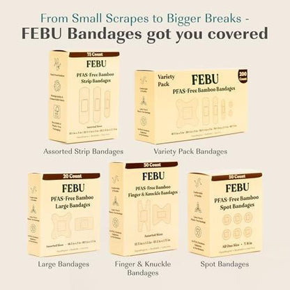 FEBU Ökologische Große Bambus-Bandagen | PFAS-freie Pflaster für Schürfwunden & Schnitte | Flexibler Stoffverband | Vollständig kompostierbar, Latexfrei | 20 Stück Groß