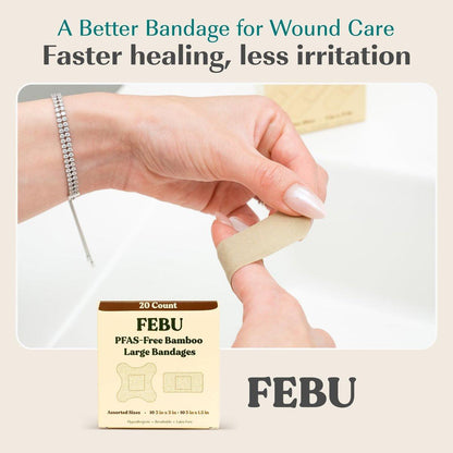 FEBU Ökologische Große Bambus-Bandagen | PFAS-freie Pflaster für Schürfwunden & Schnitte | Flexibler Stoffverband | Vollständig kompostierbar, Latexfrei | 20 Stück Groß