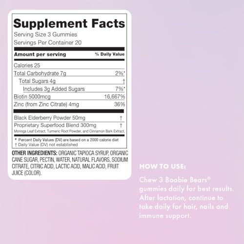 Boobie Bears Stillzeit-Gummibärchen | Unterstützt Milchproduktion, Immunsystem & Haarwachstum | Nahrungsergänzung für stillende Mütter mit Zink und Holunderbeere, 60 Stück
