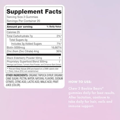 Boobie Bears Stillzeit-Gummibärchen | Unterstützt Milchproduktion, Immunsystem & Haarwachstum | Nahrungsergänzung für stillende Mütter mit Zink und Holunderbeere, 60 Stück