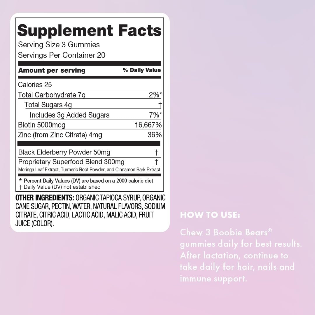 Boobie Bears Stillzeit-Gummibärchen | Unterstützt Milchproduktion, Immunsystem & Haarwachstum | Nahrungsergänzung für stillende Mütter mit Zink und Holunderbeere, 60 Stück