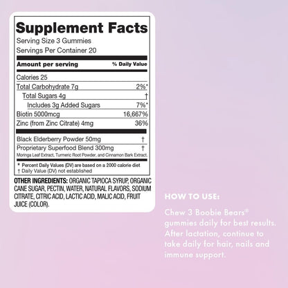Boobie Bears Stillzeit-Gummibärchen | Unterstützt Milchproduktion, Immunsystem & Haarwachstum | Nahrungsergänzung für stillende Mütter mit Zink und Holunderbeere, 60 Stück