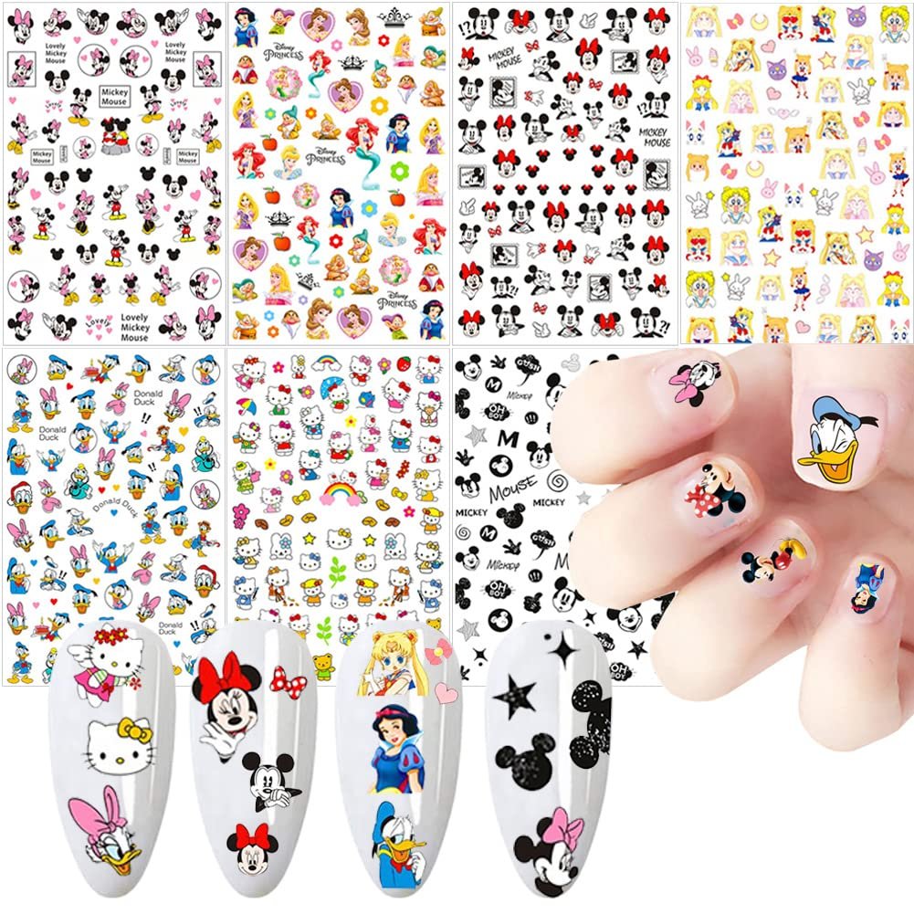 Cartoon Nagelaufkleber – Niedliche Cartoon-Nagelsticker 3D selbstklebend Nagelkunst-Zubehör für Frauen Acrylnägel Dekoration 7 Blatt