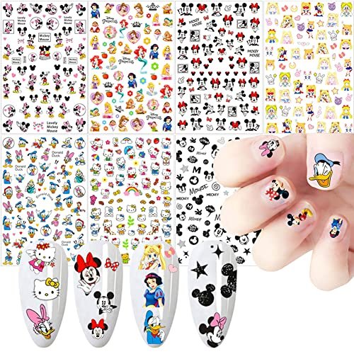 Cartoon Nagelaufkleber – Niedliche Cartoon-Nagelsticker 3D selbstklebend Nagelkunst-Zubehör für Frauen Acrylnägel Dekoration 7 Blatt