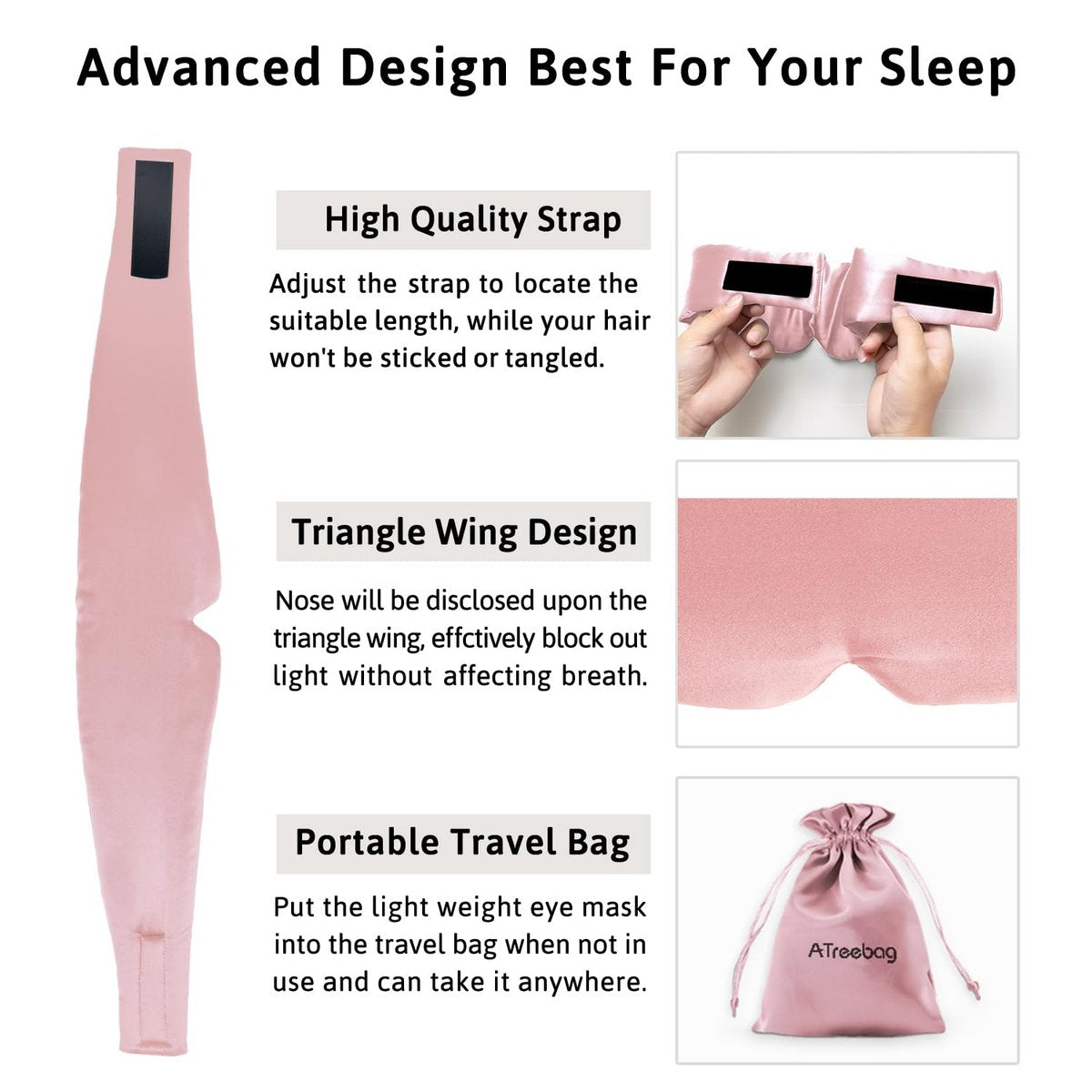ATreebag Seidenschlafmaske für Damen und Herren, Maulbeerseide Augenmaske mit verstellbarem Band, Lichtdichte Schlafmaske für Reisen, Yoga, Nickerchen, Große Größe, Helles Pflaumenblau