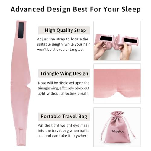 ATreebag Seidenschlafmaske für Damen und Herren, Maulbeerseide Augenmaske mit verstellbarem Band, Lichtdichte Schlafmaske für Reisen, Yoga, Nickerchen, Große Größe, Helles Pflaumenblau
