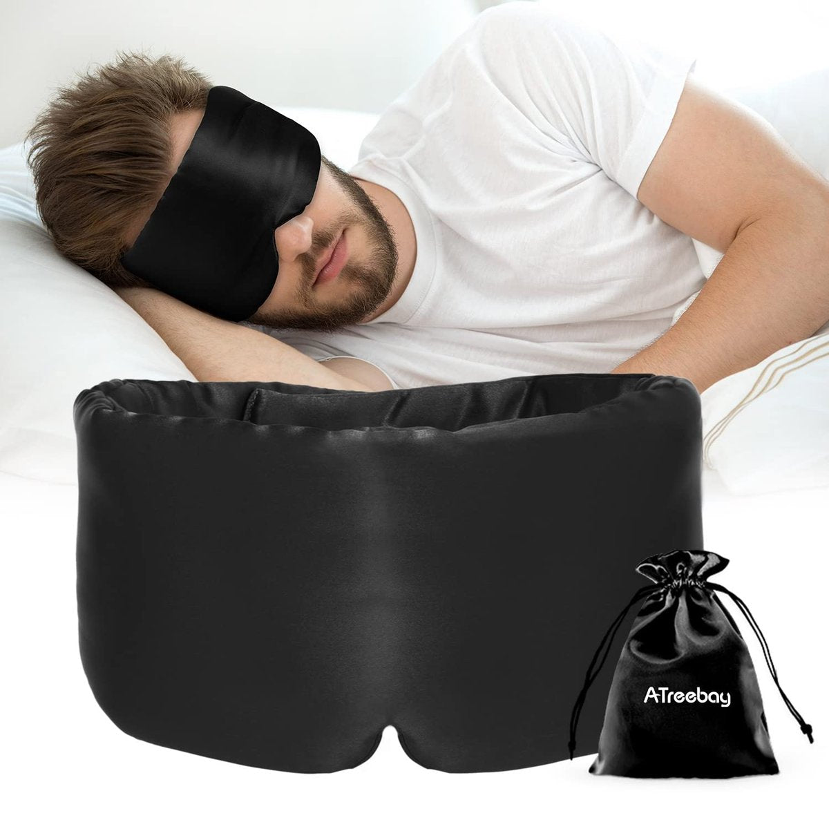 ATreebag Seidenschlafmaske für Damen und Herren – Maulbeerseide, Augenmaske mit verstellbarem Band, lichtdicht, für Schlaf, Reisen, Yoga, Nickerchen, große Größe, Schwarz