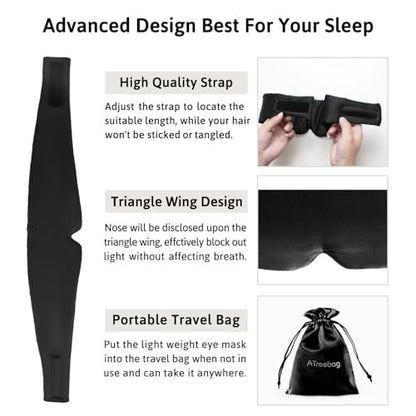 ATreebag Seidenschlafmaske für Damen und Herren – Maulbeerseide, Augenmaske mit verstellbarem Band, lichtdicht, für Schlaf, Reisen, Yoga, Nickerchen, große Größe, Schwarz
