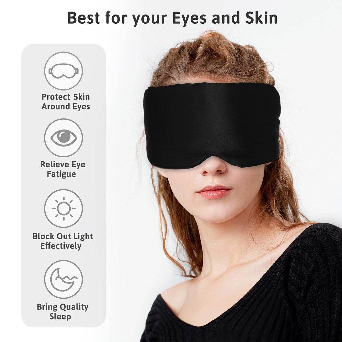 ATreebag Seidenschlafmaske für Damen und Herren – Maulbeerseide, Augenmaske mit verstellbarem Band, lichtdicht, für Schlaf, Reisen, Yoga, Nickerchen, große Größe, Schwarz