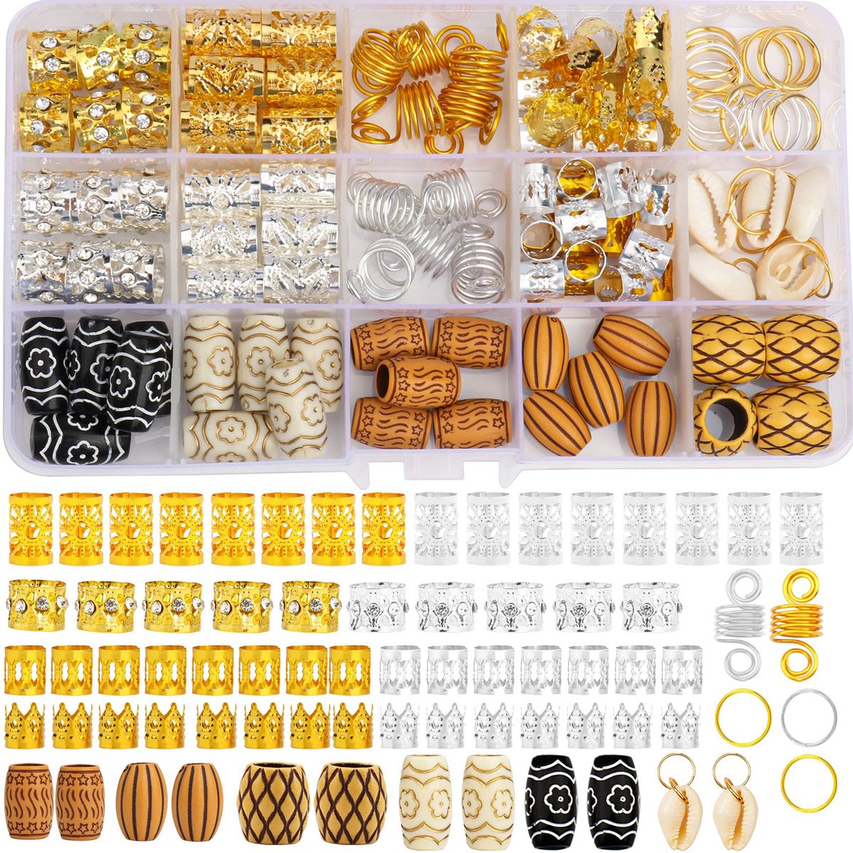 Jelyne 133-teiliger Haarschmuck für Zöpfe – Goldene Haarspangen für Locs, Dreadlock-Accessoires, Muscheln, Imitationsholz-Haarröhrenperlen für Damen