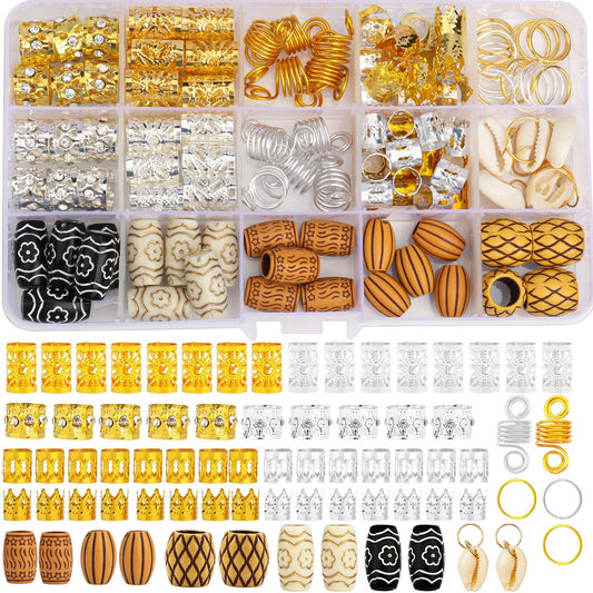 Jelyne 133-teiliger Haarschmuck für Zöpfe – Goldene Haarspangen für Locs, Dreadlock-Accessoires, Muscheln, Imitationsholz-Haarröhrenperlen für Damen