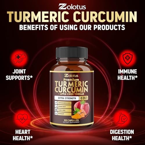 7-in-1 Kurkuma Curcumin + Apfelessig Kapseln, 6 Monate Vorrat mit Ashwagandha, Ingwer, Knoblauch, 180 Kapseln