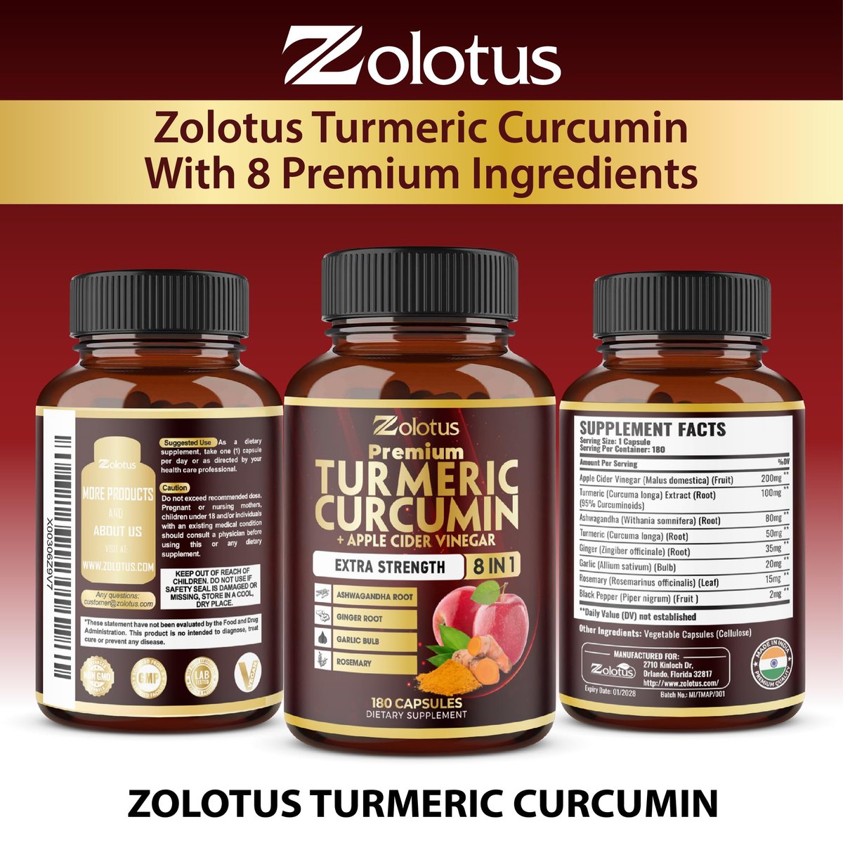 7-in-1 Kurkuma Curcumin + Apfelessig Kapseln, 6 Monate Vorrat mit Ashwagandha, Ingwer, Knoblauch, 180 Kapseln