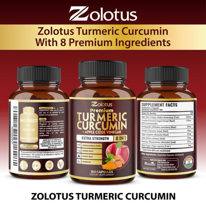 7-in-1 Kurkuma Curcumin + Apfelessig Kapseln, 6 Monate Vorrat mit Ashwagandha, Ingwer, Knoblauch, 180 Kapseln