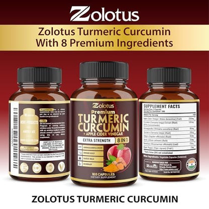 7-in-1 Kurkuma Curcumin + Apfelessig Kapseln, 6 Monate Vorrat mit Ashwagandha, Ingwer, Knoblauch, 180 Kapseln