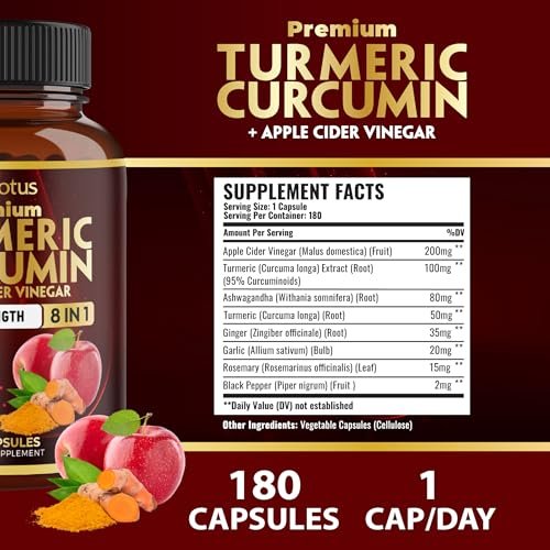 7-in-1 Kurkuma Curcumin + Apfelessig Kapseln, 6 Monate Vorrat mit Ashwagandha, Ingwer, Knoblauch, 180 Kapseln