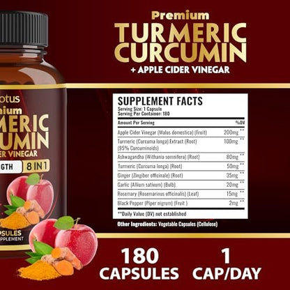 7-in-1 Kurkuma Curcumin + Apfelessig Kapseln, 6 Monate Vorrat mit Ashwagandha, Ingwer, Knoblauch, 180 Kapseln