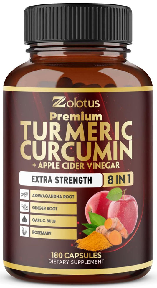 7-in-1 Kurkuma Curcumin + Apfelessig Kapseln, 6 Monate Vorrat mit Ashwagandha, Ingwer, Knoblauch, 180 Kapseln